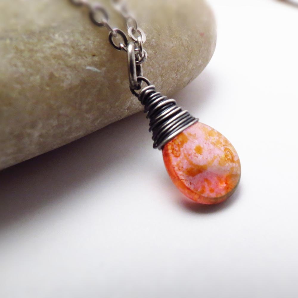 Rose Czech Glass Picasso Oxidized Silver Wire Wrapped Necklace