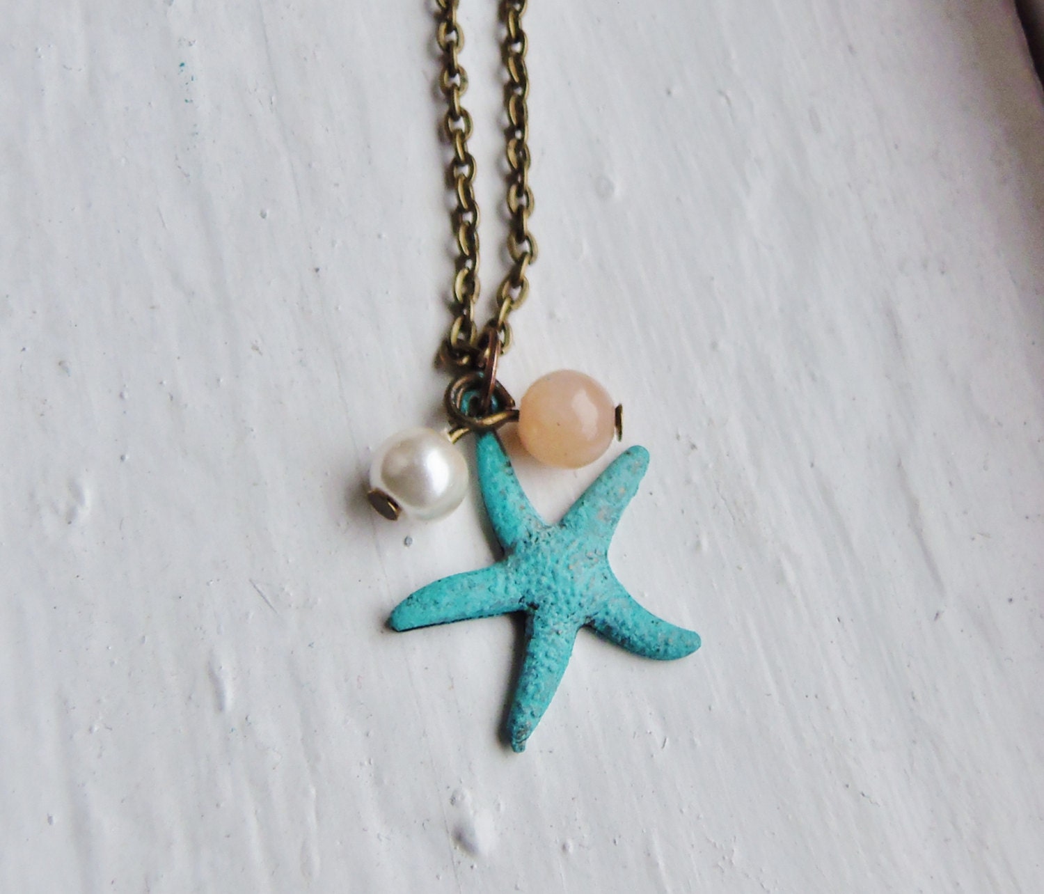 Turquoise Starfish Necklace. Beach Necklace. Pearl Necklace. Peach. Mint Green. Charm Necklace