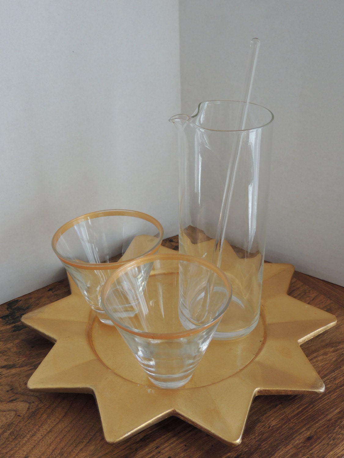 Sale///Five Piece Gold Drink Set with Glass Beaker Pitcher