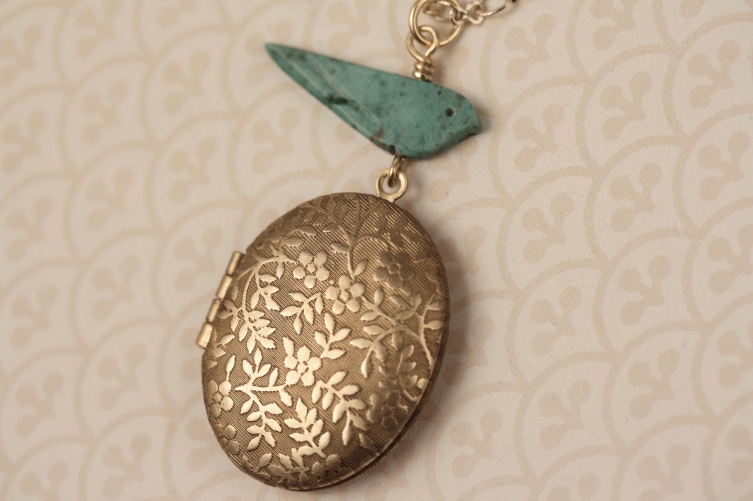 Small Gold Oval Vines Locket with Turquoise Blue Bird Necklace, Long Chain, Miniature Pendant, Floral, Vintage Style, Fashion Jewelry