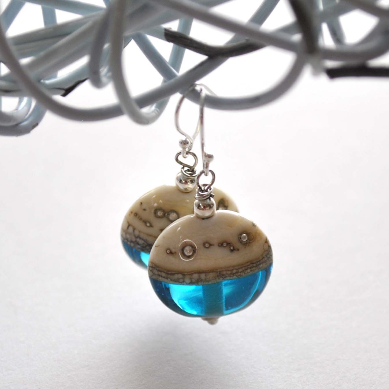 Beachy Blue Lampwork Glass Earrings, Nautical, Ocean, Aqua Blue Dangle