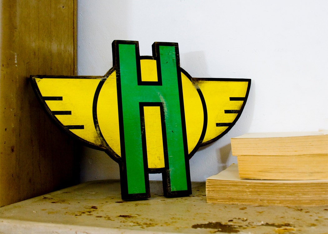 Art Deco Inspired Letter with Wings Green Letter H with Yellow Wings