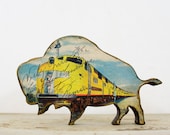 Wooden Buffalo Figurine with Vintage Train Postcard Art