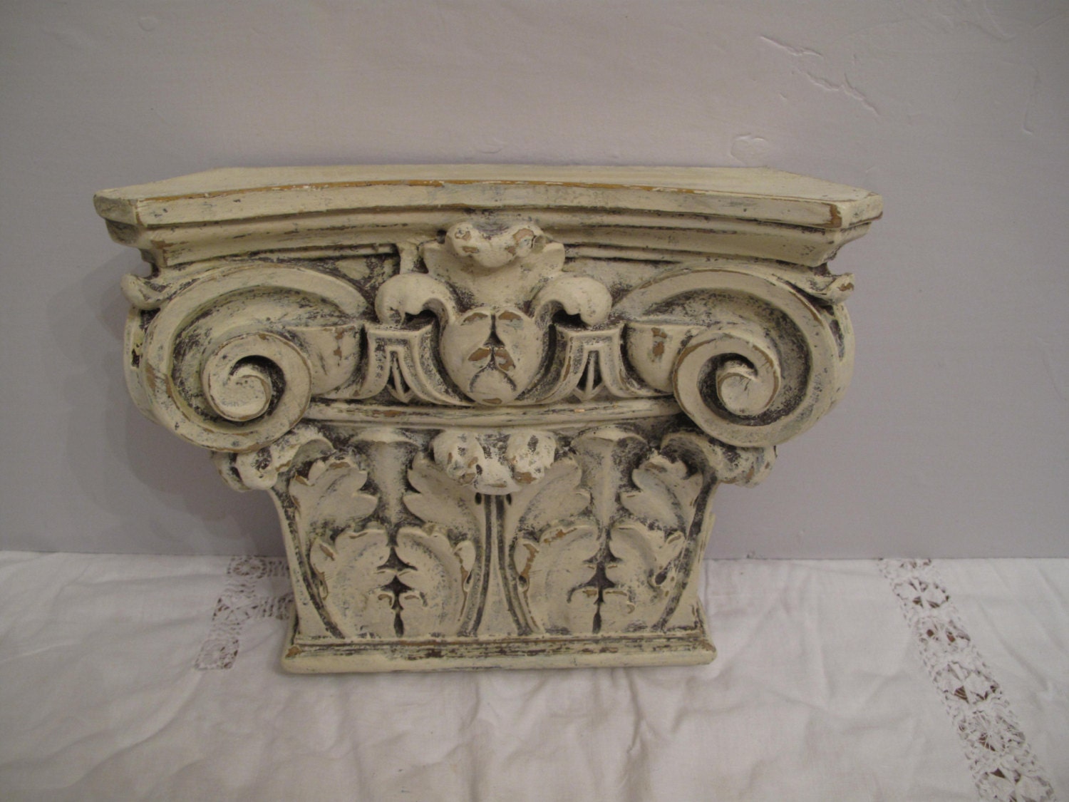 Handfinished Wood Wall pediment, Distressed in French Cream