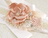 Bridal Sash- Wedding Sash in Blush Pink and Ivory with Silk Satin, Crystal Jewels and Pearls- Pearl Heaven
