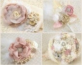 Bridal Brooch Bouquet, Boutonniere, Sash and Hair Fascinator in Blush Pink, Champagne and Ivory