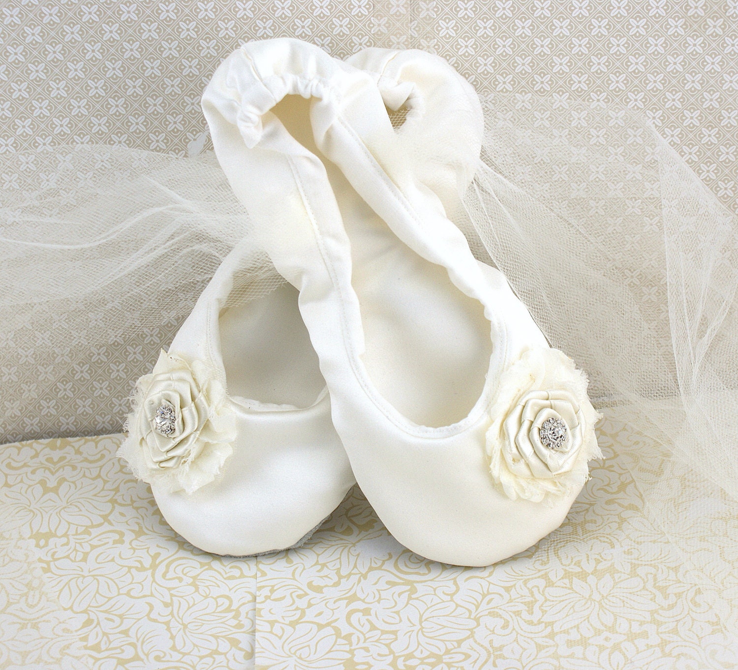 Bridal Flats- Ballerina Slippers in Ivory Satin with Ivory Tulle and Crystal Jewels