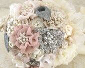 Brooch Bouquet Chic Glam in Ivory and Blush with Linen, Lace and Pearls