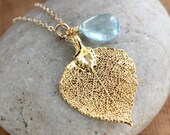 Gold Dipped Aspen Leaf and Blue Aquamarine Necklace - March Birthstone - Summer Jewelry