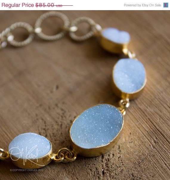 Memorial Day SALE Gold Soft Blue and White Agate Druzy Bracelet - Toggle Bracelet - Skeleton Key Charm