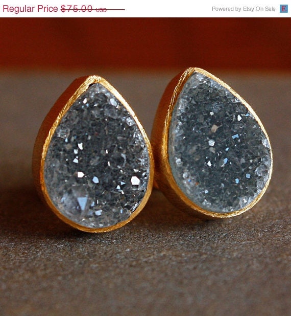 Memorial Day SALE Gold Black Druzy Teardrop Studs - Dark Charcoal Grey - AAA Quality, Super Sparkly