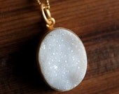 SALE 15 OFF Gold White Agate Druzy Necklace - Snow White - Oval Pendant