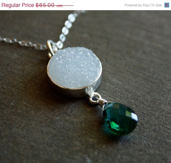 SALE 15 OFF Soft white Druzy and Teal Quartz Necklace - Sterling Silver - Rough, Sparkling Druzy