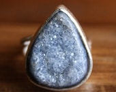 SALE 15 OFF Silver Misty Grey Agate Druzy Gemstone Ring - Adjustable Ring - Teardrop