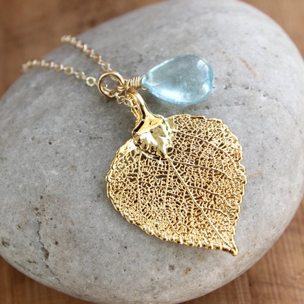 Gold Dipped Aspen Leaf and Blue Aquamarine Necklace - March Birthstone - Summer Jewelry