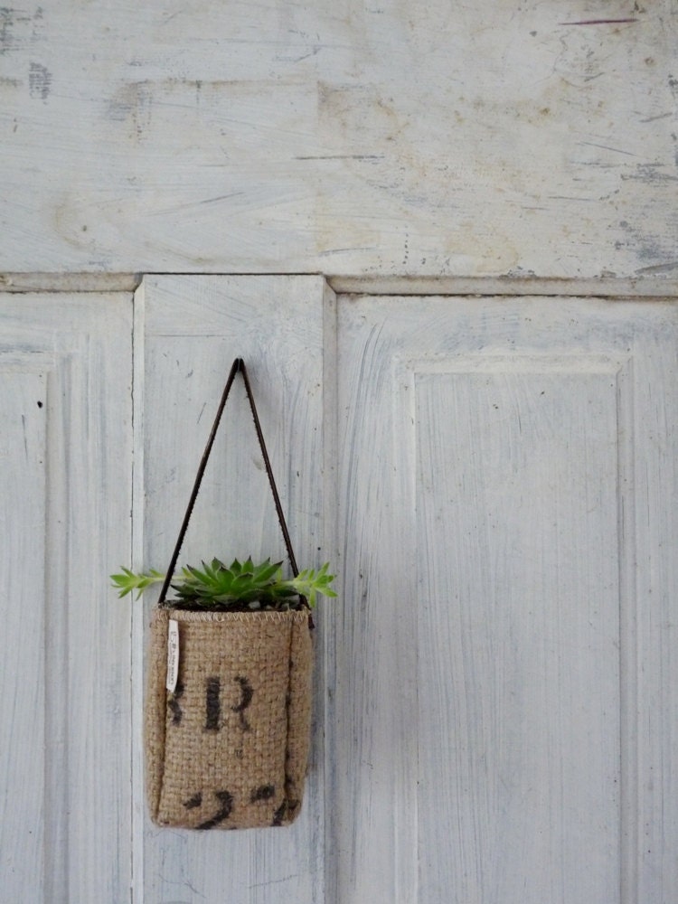 Upcycled GrEEN AbBY plant baskets WITH leather strap. Coffee burlap.