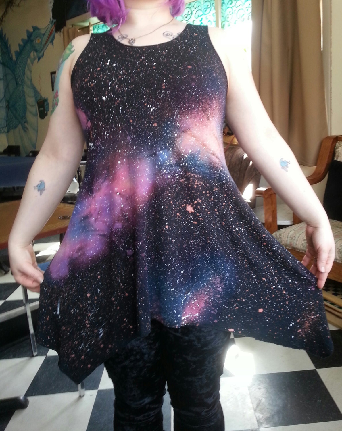 the most flattering tunic tank ever, mini dress, deep space  galaxy, cosmos, hand painted glow in the dark stars