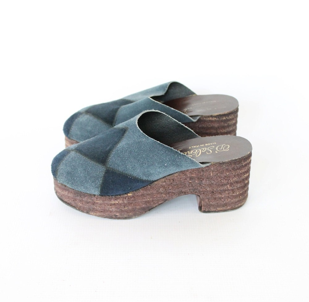 Vintage 70s Blue Diamond Suede Platform Clogs // Women's Wood & Cork Wedges Sz 7 1/2