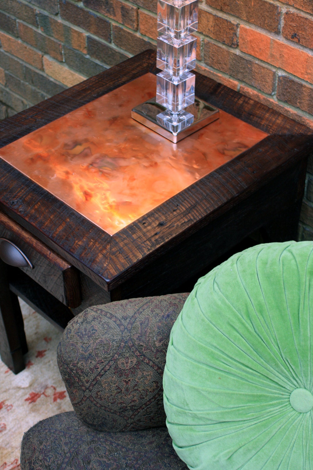 Side Table / Night Stand, Distressed Copper Inlay, Reclaimed Wood, Dark Brown Waxed Finish - Handmade