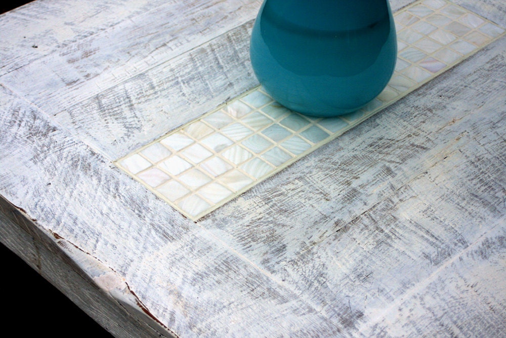 Small Coffee Table, Mother of Pearl Tile Mosaic Centerpiece, Reclaimed Wood, Rustic Contemporary, Distressed White Finish - Handmade