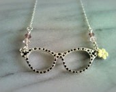 Geek chic sparkle flower glasses silver necklace. Glam wayfarer, nerd, geek, geekery, librarian, retro, fun