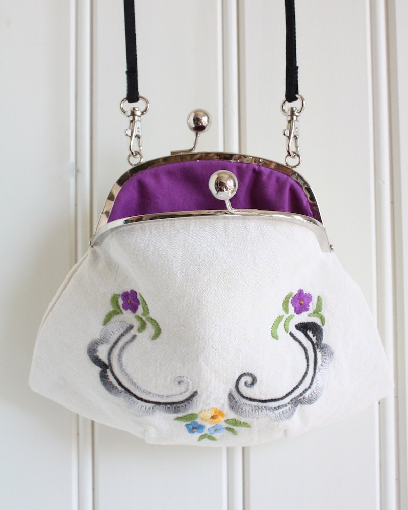 embroidered linen clutch made from vintage tablecloth