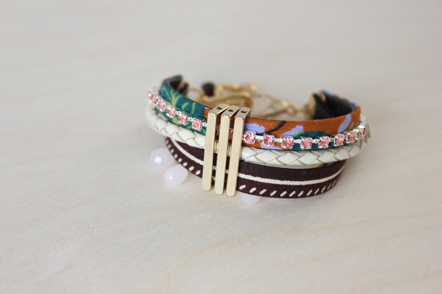 Kochi bracelet - African Fabric, leather and swarovski bracelet with gold and pink