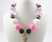 Children's Necklace, Pink, Black & White Necklace, Rhinestone French Poodle Necklace, Kids Necklace, Toddler Girls Necklace
