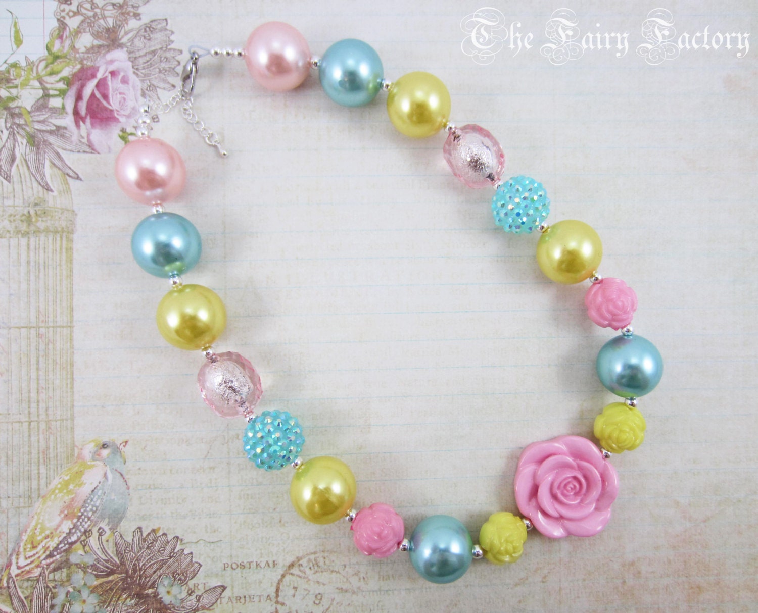 Chunky Necklace, Pastel Children's Necklace, Birthday Necklace, Aqua Pink and Yellow Flower Necklace, Child Girls Necklace Jewelry