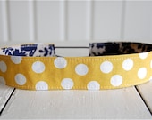 Handmade Fabric Reversible "SKINNY" Headband - Midnight Blue with Taupe Floral and Golden Yellow and Cream Polka Dots