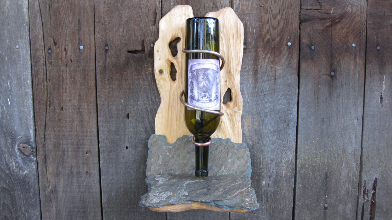 Bird Feeder Sculpted Pine and Rustic Slate With Wine Bottle