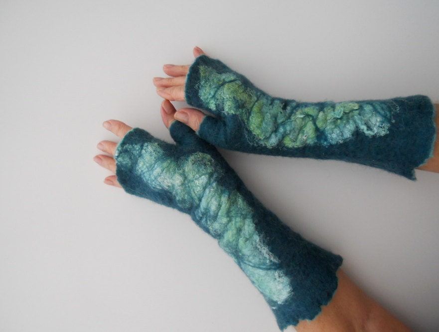 Fingerless Gloves  "South Pacific"  Mittens Pure Merino Wool Hand Felted Arm and Hand Warmers