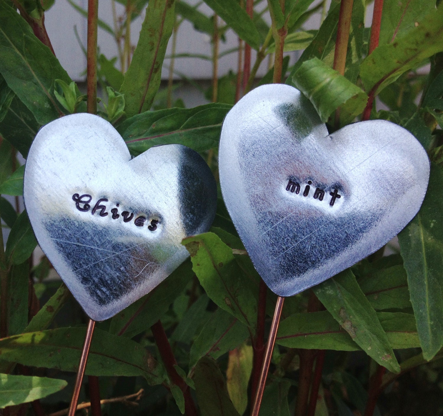 Garden Herb Signs - 5 Heart Markers - Father's Day Gift - Customizable - Personalized Plant Markers - Up cycled Metal Eco Friendly