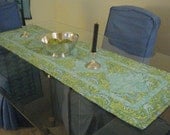 Quilted Paisley Table Runner  in Shades of Blue and Green