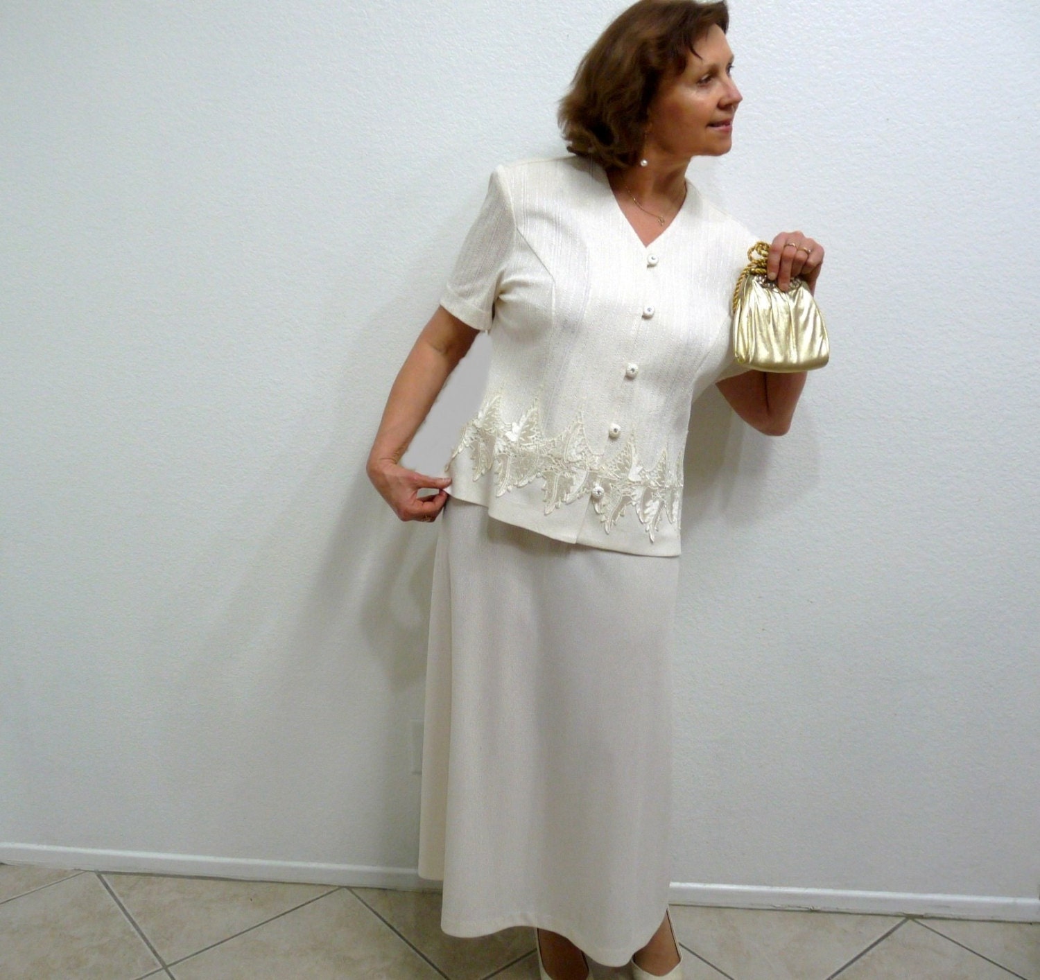 80s Suit Skirt and Jacket with Lace. R&M Richards by Karen Kwong. Maxi Evening Party Cocktail Dress