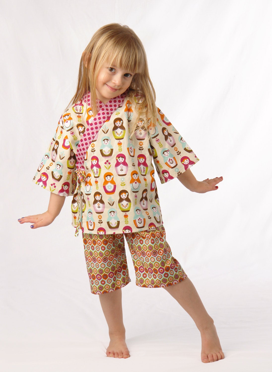 Girls Kimono Jinbei - MATRYOSHKA DOLLS - 0 through 3T- Japanese pajamas loungewear