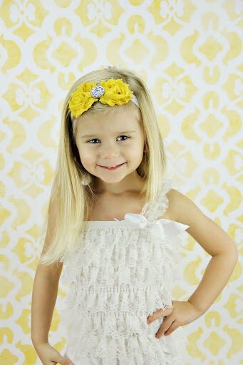 Shabby and Chic Frayed Mustard Yellow Fabric Rose Flowers on a Grey Fold Over Elastic Headband
