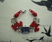 Handmade Recycled Watch Bracelet with Red Zips and Red Buttons,Unusual,Eco Friendly Jewellery