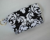 Key Fob Card Case Tri Fold Designer Fabric Black White Damask Print