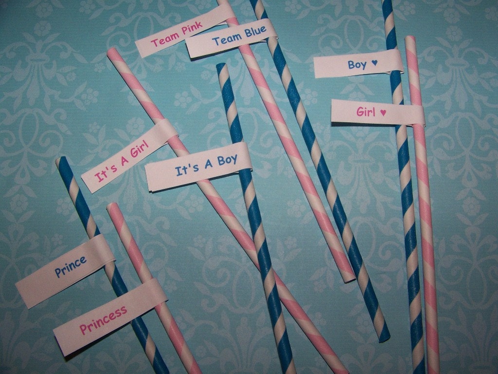 Paper Straws 30 Gender Reveal Party Pack 15 Powder Pink & 15 Blue With Custom Straw Flag Toppers