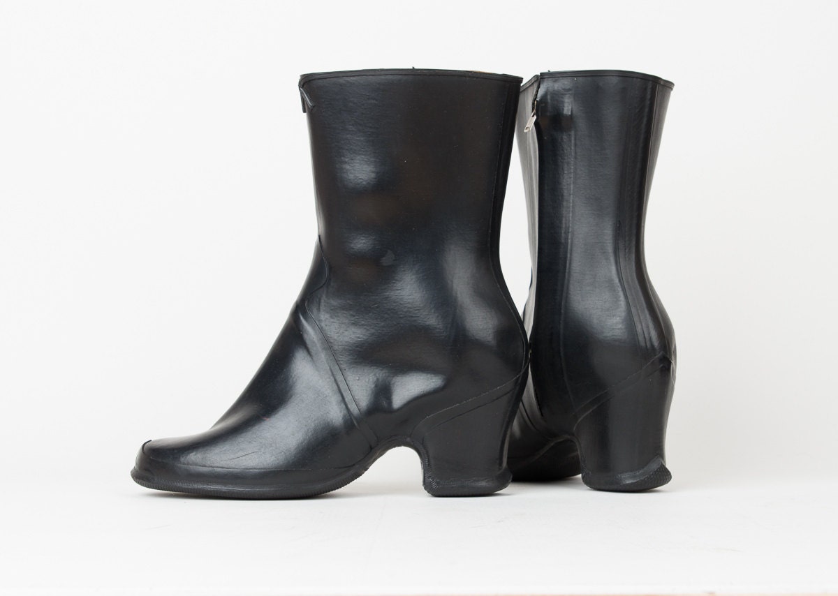 1940s Rubber Overshoes - Vintage 40s Black Overboots - B.F. Goodrich - Size 6.5
