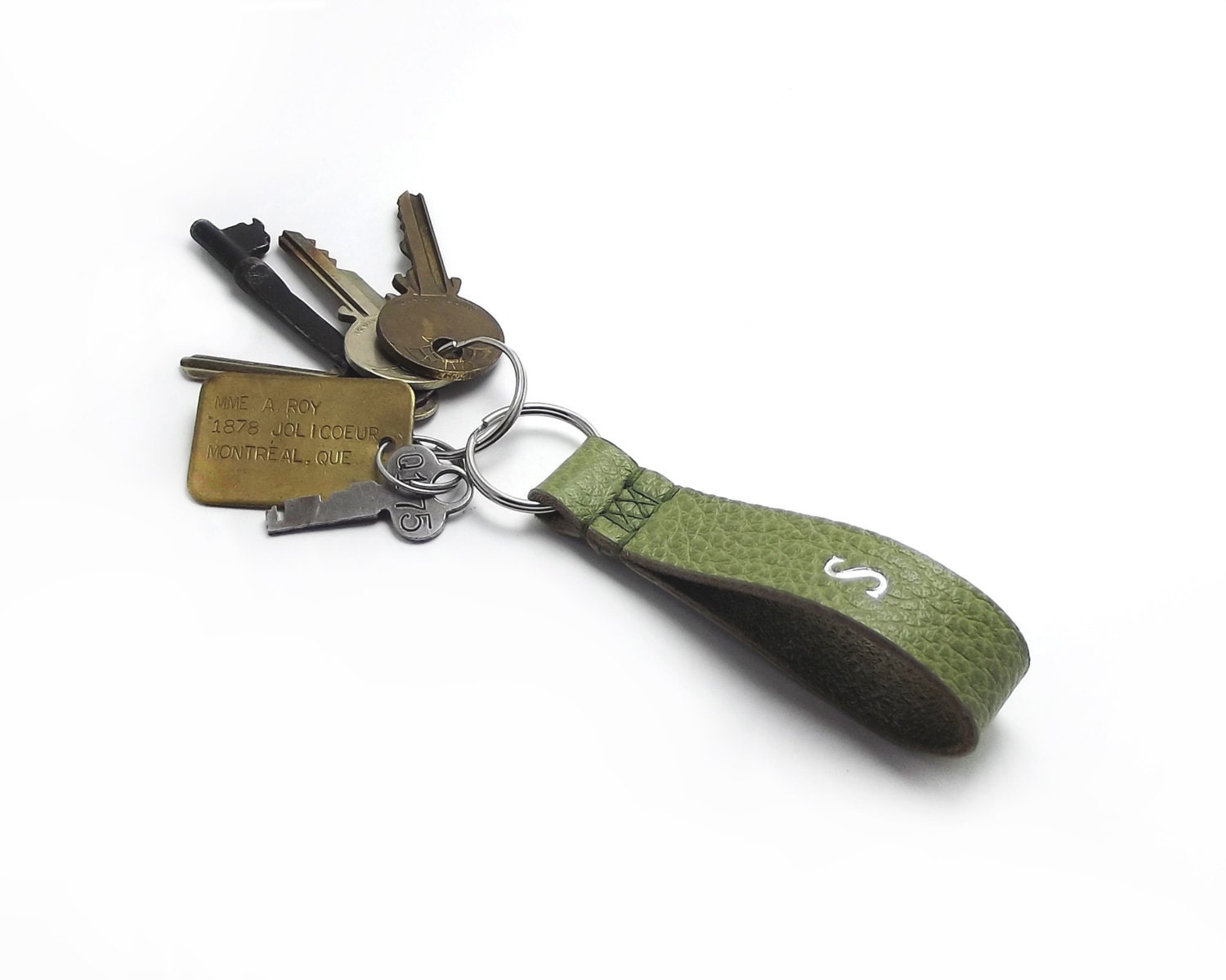 Moss Green Leather Keyfob, Personalized with word, name or letter of your choice