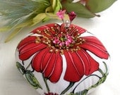Pincushion, Bold Flowers with a  Rhinestone Button- Ready to Ship