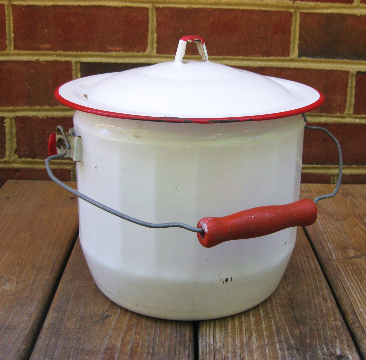 Vintage White With Red Enamelware Lidded Chamber Pot With