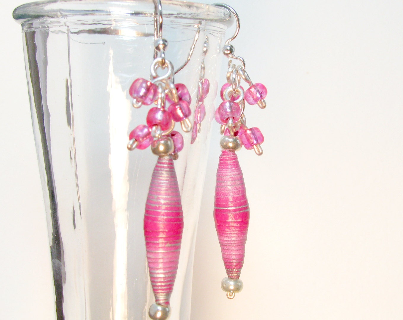 Silver and Pink Earrings with Glass & Paper Beads