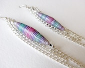 Long Dangle Earrings with Purple Pink and Teal Paper Beads, drop earrings