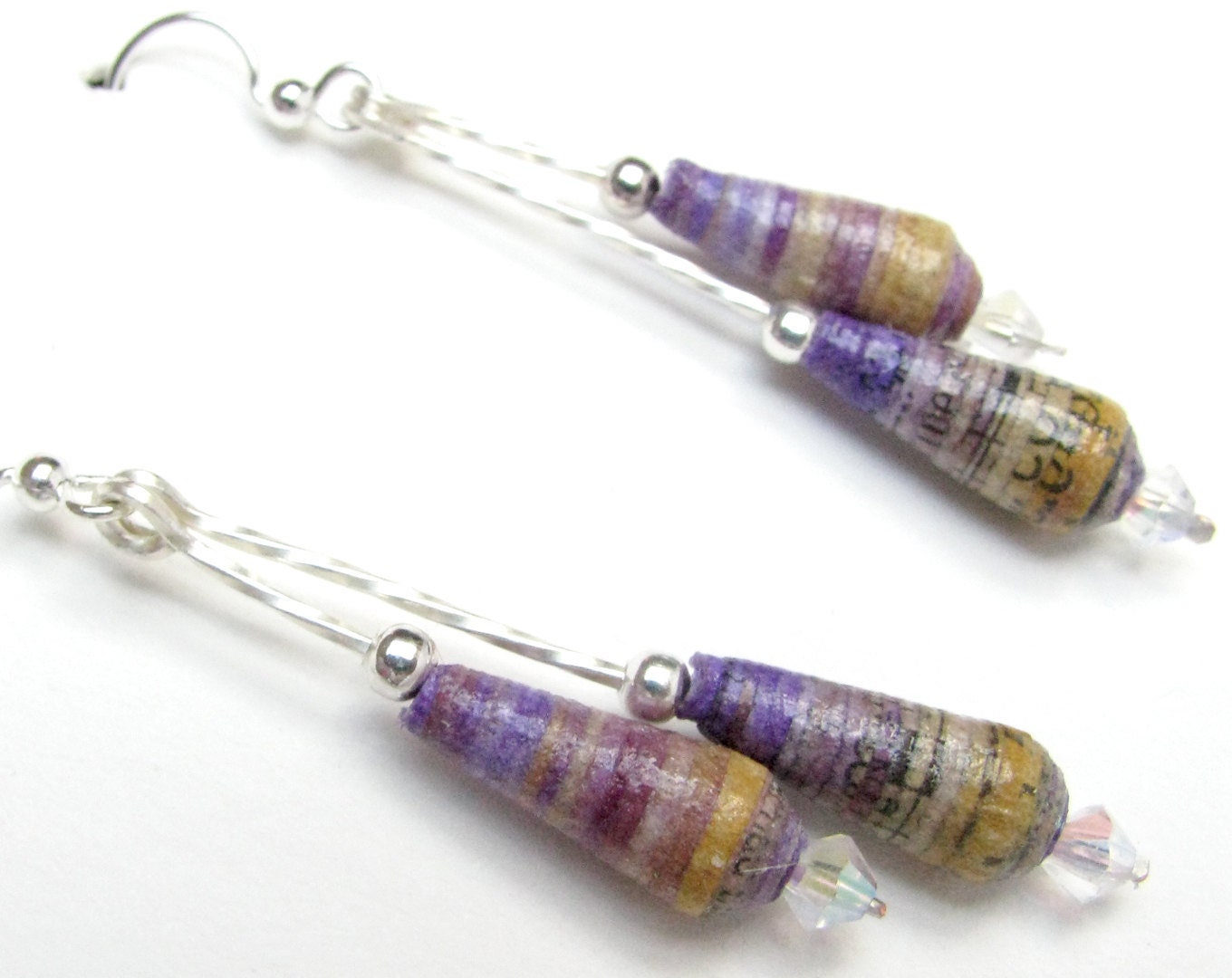 Purple and Silver Drop Earrings with Paper Beads