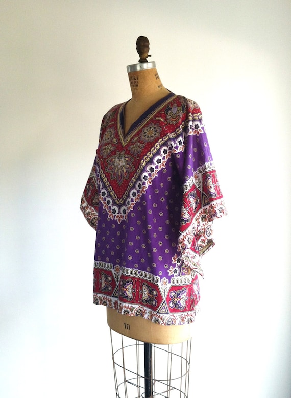 70s Boho Dashiki Caftan Top Purple Bell Sleeve Tunic Ethnic Blouse