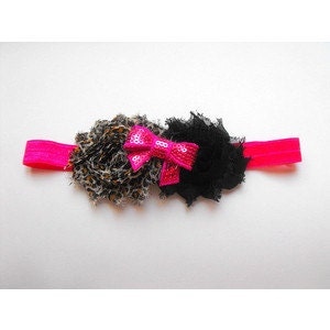 Cheetah and black shabby flower headband with hot pink sequin bow infant- toddler- girls