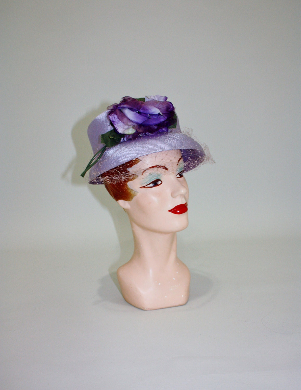 Weekend Sale - vintage 60s short brim hat - Purple Petals lavender green nylon veiled sun hat flower floral wedding
